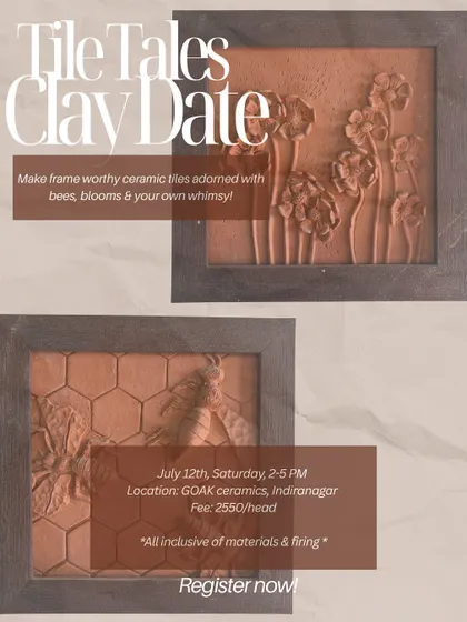 Tell your own story on a tile in our 'Tile Tales' workshop. This session guides you in creating a frame-worthy ceramic tile adorned with sculpted bees, flowers, or your own whimsical designs.