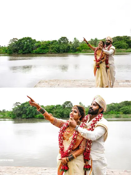 A diptych of the couple pointing towards the horizon, symbolizing the start of their new journey together.