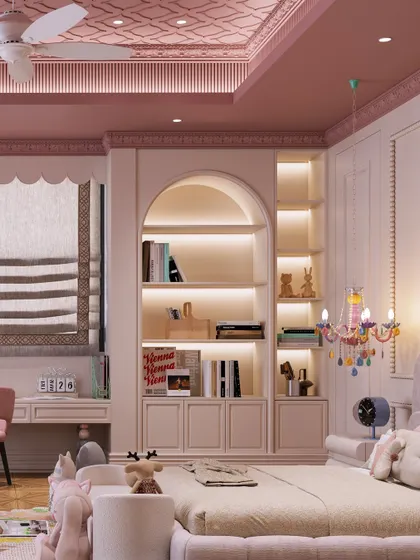 A wider shot showing the arched bookshelf, ornate ceiling, and study nook, demonstrating a cohesive design that blends classic details with playful elements.