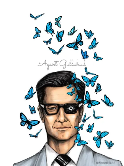 The fully colored version of my Agent Galahad illustration. I kept the portrait itself mostly grayscale to maintain the focus on the vibrant blue butterflies.