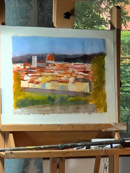 A large Florence cityscape in progress on my easel. This is an oil on canvas painting that I am working on slowly, building up the layers to capture the iconic view.
