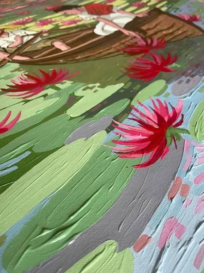 An angled close-up of 'Colorful Lake 2', highlighting the texture of the green lily pads and the reflections in the water.