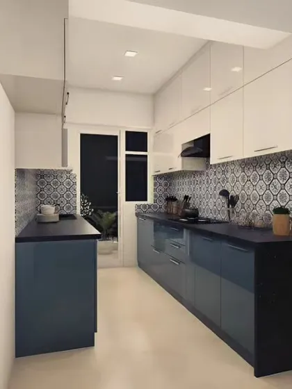 A parallel kitchen with dark blue-grey cabinets and a decorative backsplash. This design is perfect for a narrow layout, providing ample storage and a functional workflow.