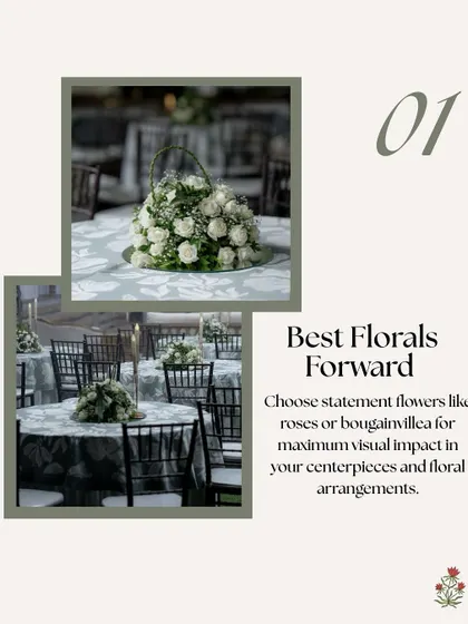 Statement floral centerpieces are key to elevating your guest tables. Here, white roses create a classic and impactful look for a Sangeet.