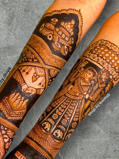 A detailed arm design showing a bride's entry under a 'phoolon ki chadar' (floral canopy) and a 'varmala' (garland exchange) ceremony.