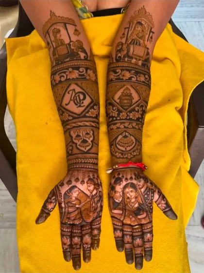 This design includes a doli scene, a couple portrait, and the couple's initials 'KD', making it a beautiful and personalized choice.