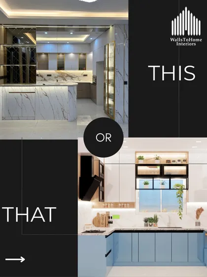 A "This or That" poll asking clients to choose between a glamorous marble kitchen and a modern kitchen with a pop of color. This shows our versatility in kitchen design.