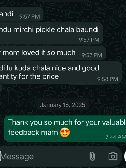 This customer's mom loved my Pandu Mirchi (red chilli) pickle. Getting approval from mothers is a true test of authenticity.