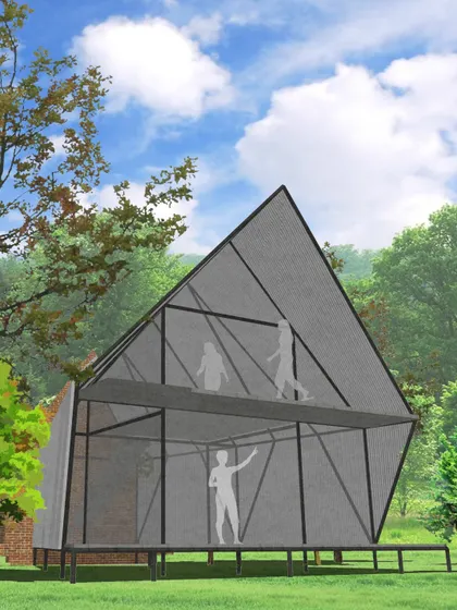 A conceptual render of the "Parasite" home, showing its transparent form lightly touching the landscape, designed to blur the boundaries between inside and out.