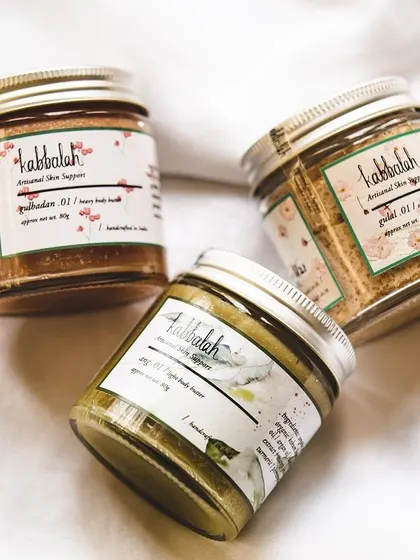 Another view of my body butters and scrubs, all handcrafted in India and packaged in recyclable glass jars.