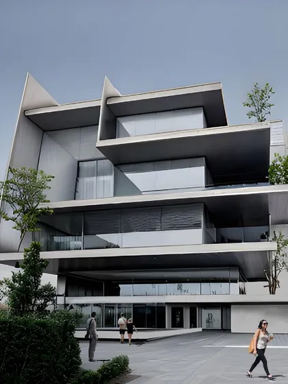 The final render for scheme 4, a building of layered, cantilevered slabs.
