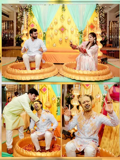 A collage showing the couple before and during the Haldi application, capturing the fun and messy moments.