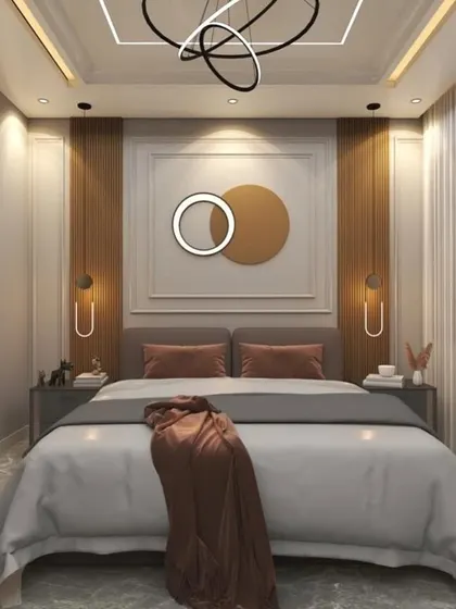 A sophisticated bedroom concept with a neutral color palette, classic wall molding, and modern art, creating a perfect balance of timeless and contemporary design.