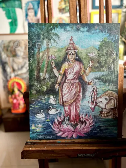 An acrylic painting of Goddess Lakshmi, created for the auspicious occasion of Varamahalakshmi Pooja. I wanted to capture her serene presence, standing on a lotus among swans.