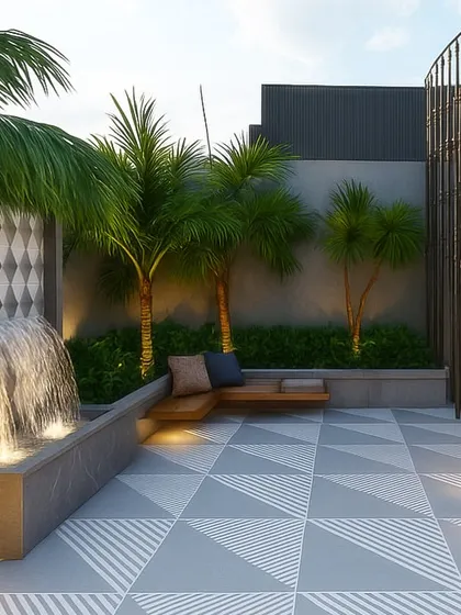 A 3D concept for a tropical terrace in Kirti Nagar, with a spiral staircase, a beautiful waterfall feature, and lush palm trees.