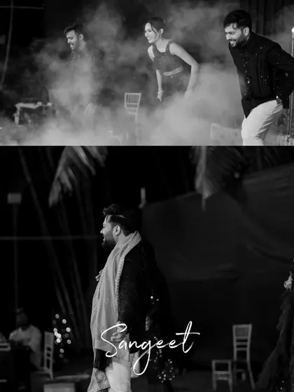 An atmospheric black and white collage from the Sangeet night, showing the groom and guests dancing in a haze of smoke effects.