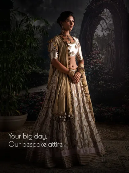 Your big day deserves my bespoke attire. This custom-made bridal lehenga showcases the allure of my bridal wear, where handcrafted intricacy meets modern elegance.