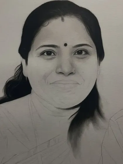 A work-in-progress image showing a portrait with the hair and face fully shaded, waiting for the body and clothes to be completed.