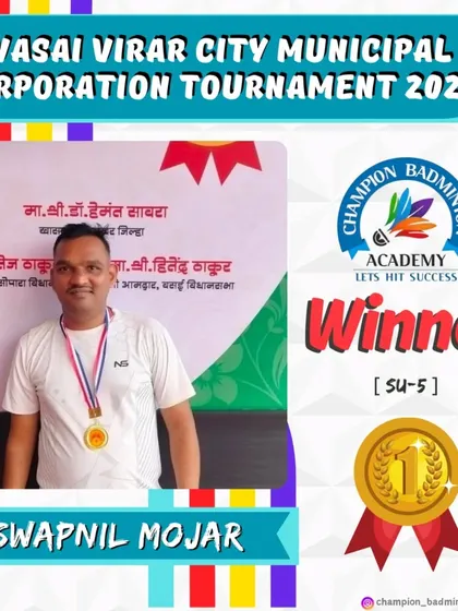 Gold for Swapnil Mojar. We celebrate his victory in the Men's Singles SU-5 category at the Vasai Virar City Municipal Corporation Tournament. His hard work has truly paid off.