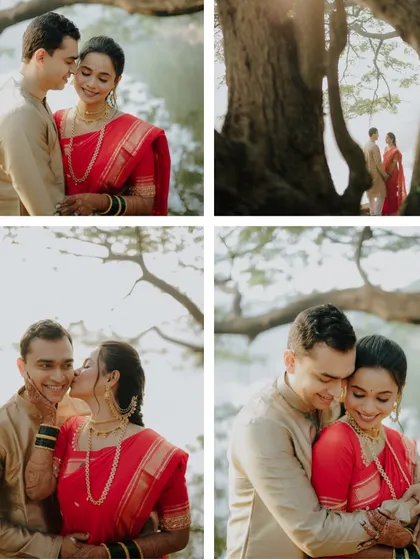 A collection of four moments from the same shoot, showing different interactions. It includes a sweet kiss on the cheek, a loving embrace, and a wider shot that sets the scene, giving a complete story of their connection.