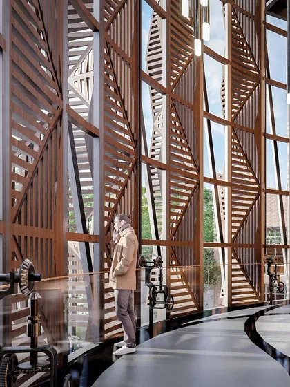 Our design competition entry for a Centre for Excellence at Bangalore University. The facade features intricate, rotating wooden screens that control sunlight, a modern interpretation of a traditional brise-soleil.