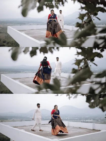 An outdoor engagement shoot for Chethan and Muddugnaga. The scenic mountain backdrop adds a sense of grandeur to their portraits.