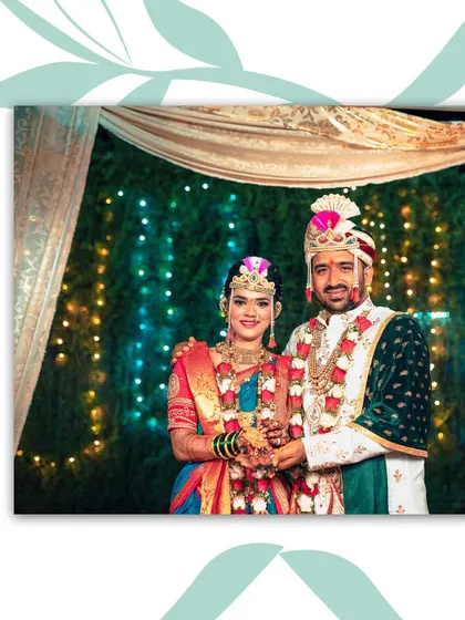 The happy couple posing for a photo after their wedding ceremony. Their smiles and traditional attire perfectly capture the spirit of a Maharashtrian lagn.