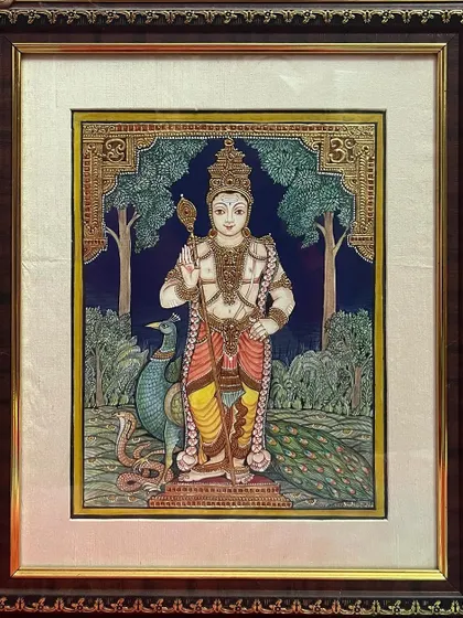 A stunning painting of Lord Murugan with his majestic peacock. As a symbol of divine strength and beauty, this artwork brings serenity and power to any space.