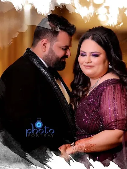 A romantic portrait of the couple with a creative watercolor edit, perfect for a standout page in their engagement album.