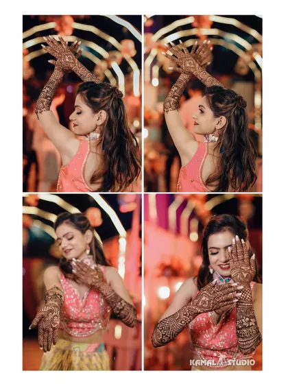 A collage of the bride showing off her intricate henna designs, capturing her playful and elegant poses.