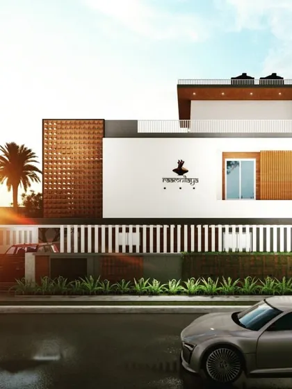 A duplicate of image 47, this render shows the minimalist facade of the Siruguppa building, highlighting the clean lines and the brand logo placement.