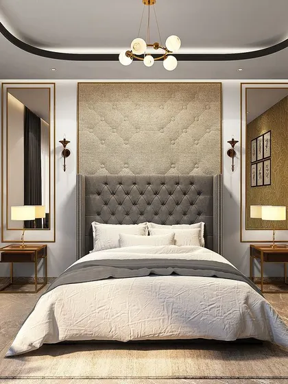 A repeat of a luxurious bedroom design, emphasizing the symmetrical layout with a tufted headboard, bedside lamps, and textured accent walls. The gold wallpaper adds a layer of warmth and sophistication.
