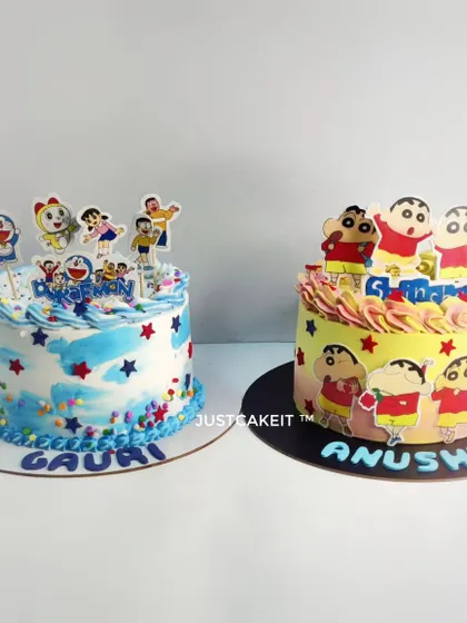 A set of two simple cakes, one for a Shinchan fan and one for a Doraemon fan. This shows how I can cater to different themes for a single event.