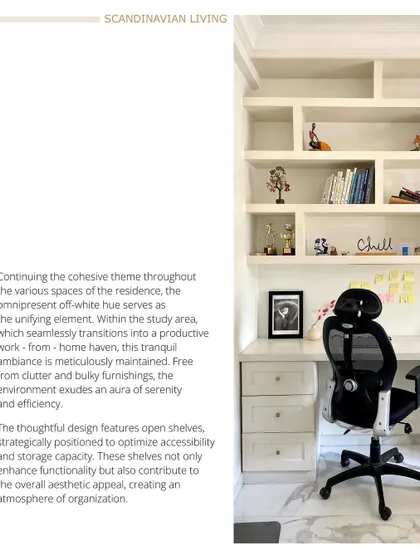 (2/3) Continuing the cohesive theme, the off-white hue transitions into a productive study area, free from clutter and exuding serenity and efficiency.