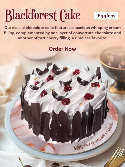 A timeless classic, reimagined. My eggless Blackforest Cake features a luscious whipping cream filling, a layer of rich couverture chocolate, and a tart cherry filling.