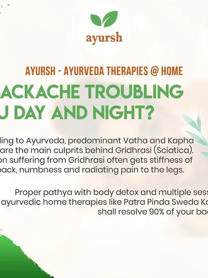 Backache that troubles you day and night is often related to an imbalance of Vata and Kapha dosha, leading to conditions like Sciatica. Our home therapies, like Patra Pinda Sweda and Kati Basti, can resolve a significant portion of your back pain.