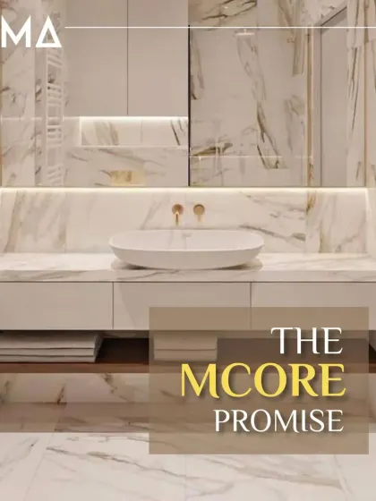 This is the M-Core promise in action. A bright, elegant bathroom featuring a floating vanity with a stunning marble finish. It delivers a high-end look while being 100% moisture-proof and bacteria-proof, ensuring it stays beautiful for years.
