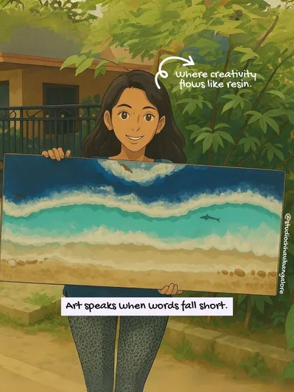 An illustrated version of me holding one of my ocean resin artworks, with the caption "Art speaks when words fall short."
