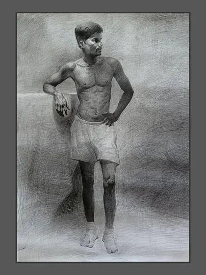 The final, more rendered version of the full-figure graphite drawing, with added background texture.