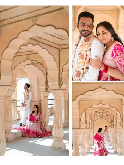 Ronit and Ritu sharing a quiet moment within the pillared halls of Amer Fort. The soft light and repeating arches create a beautiful, serene atmosphere for this pre-wedding picture.