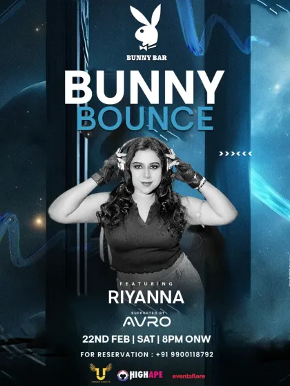 Another version of the "Bunny Bounce" poster, featuring a different photo and a cool blue color scheme.
