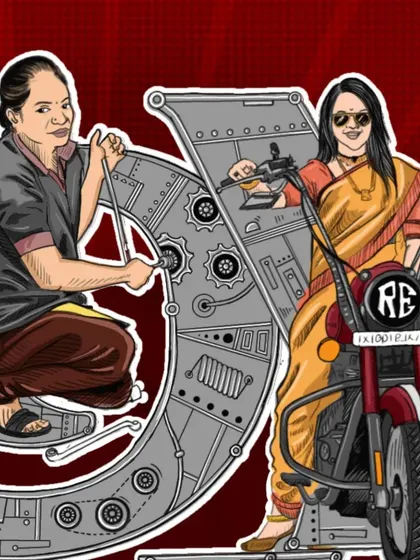 A detail shot showing two more figures from the 'Naari Shakti' illustration: a mechanic and a woman in a saree on her classic bike.