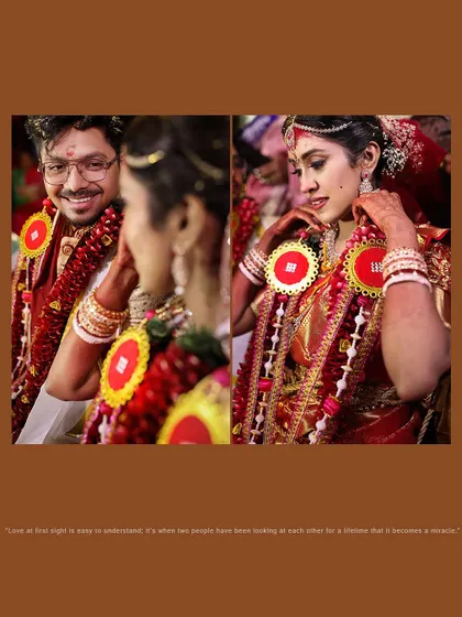 A collage capturing the playful and loving glances exchanged between a couple during their Telugu wedding ceremony.