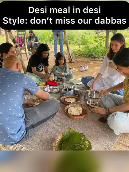 A desi meal in desi style. At our first meet-up, we enjoyed a delicious, traditional meal served in reusable dabbas and on natural leaf plates, practicing what we preach.