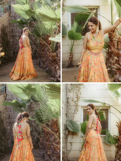 A series of portraits of the bride, Jhalak, showing off her vibrant Haldi outfit against a lush, tropical background.