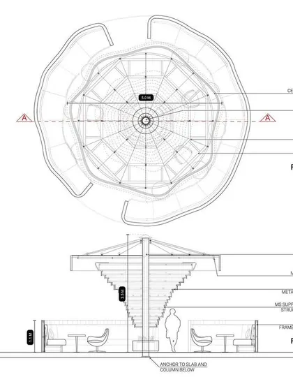 Technical drawings for the Fire Lounge, showing the plan and section of the central column, cable supports, and overall structure of this unique feature.