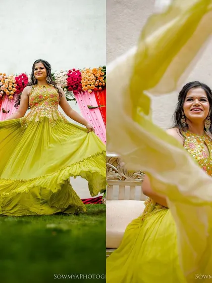 The bride looks radiant in her lime green dress, a perfect complement to the rich color of her henna.
