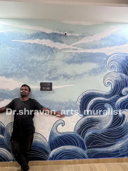 This mural of stylized ocean waves was created for a home office space. The design was completed in just 3 hours, but the flowing lines and textured background create a powerful sense of movement.