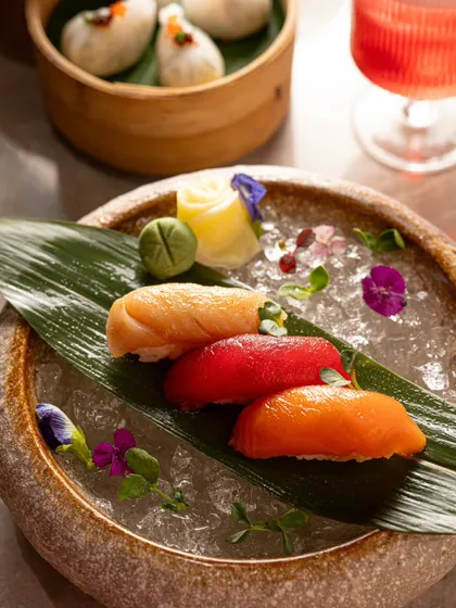 A close-up of assorted nigiri on a bed of ice. Macro food photography like this emphasizes the quality of the ingredients and the chef's precise technique.