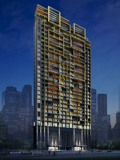 A night-time render of a high-rise residence, where the building's intricate facade comes to life. The design uses geometric frames and vertical gardens to create a dynamic visual rhythm against the dark city skyline.
